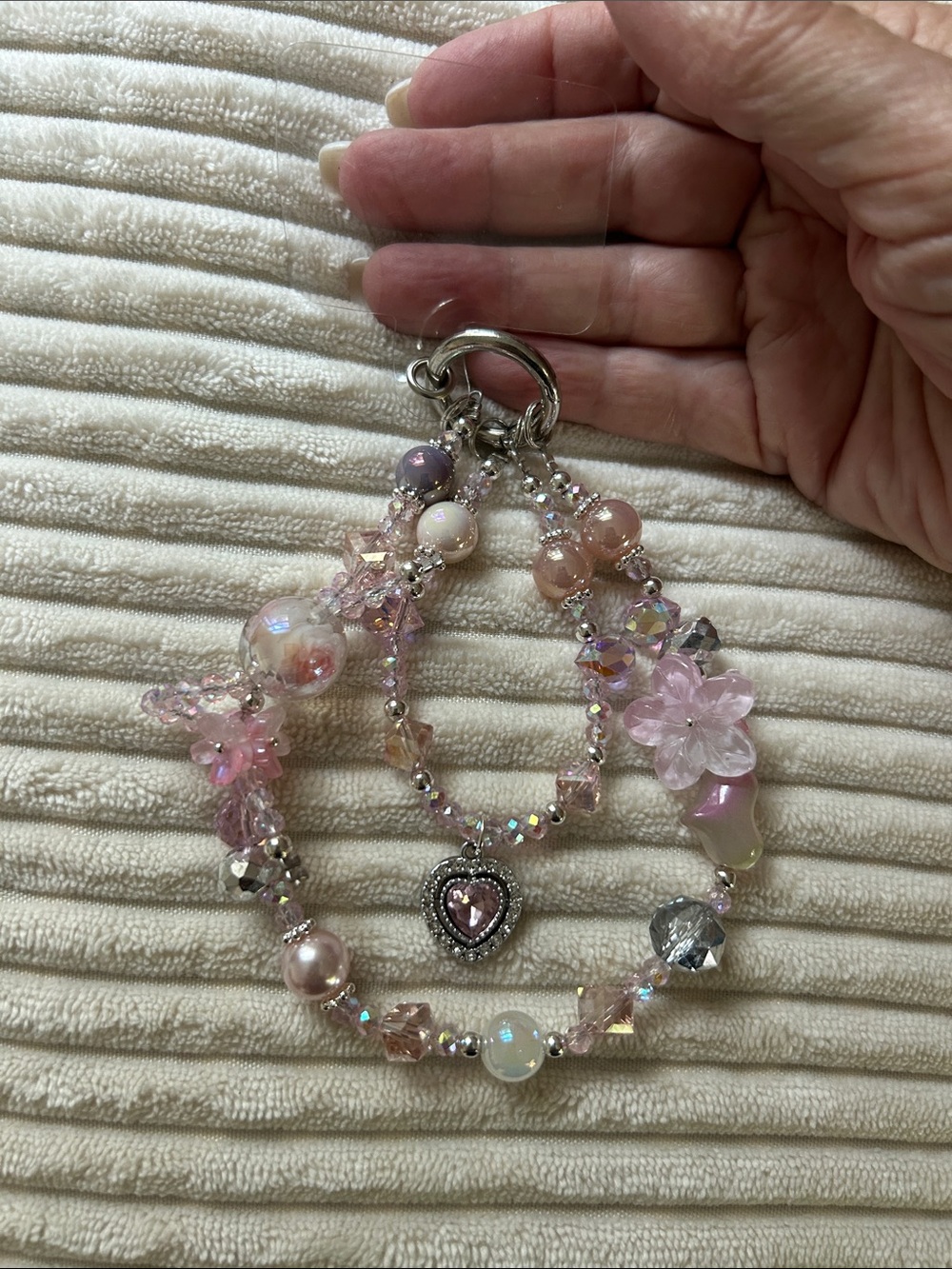 Pink Crystal Beaded Phone Chain Wristlet Heart Charm